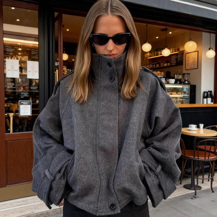 Women Short Wool Blend Jacket with Stand-Up Collar, Shoulder Flaps and Adjustable Cuffs