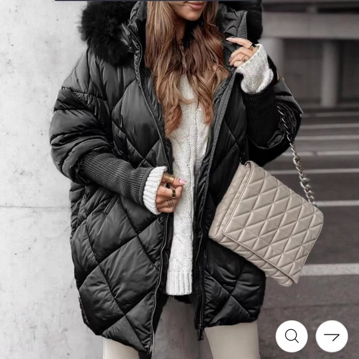Women longer quilted winter parka with large hood and faux fur trim