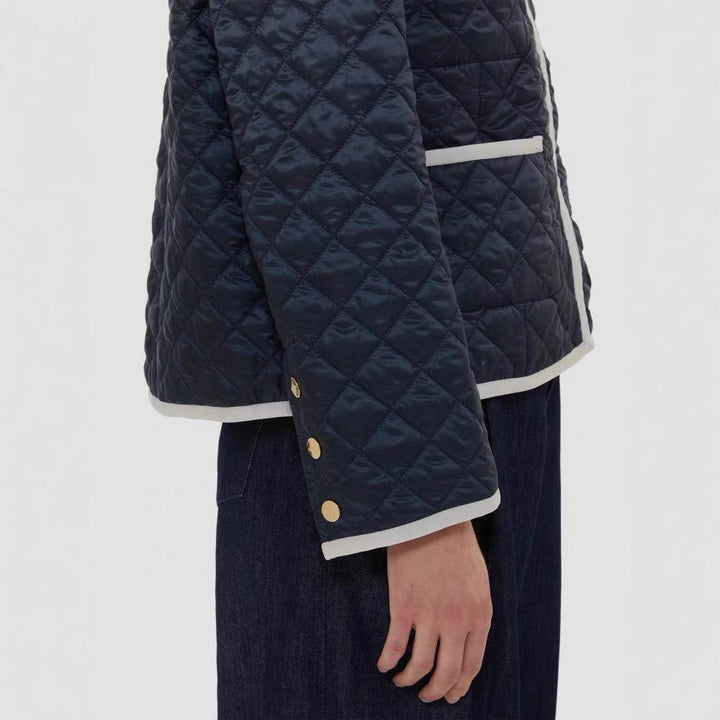 Women Lightly Quilted Short Jacket without Collar with Contrast Piping and Full-Length Zip