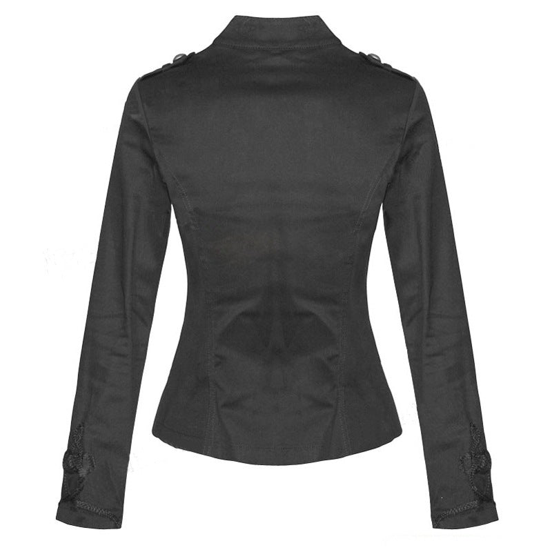 Women Tailored Military Jacket with Stand-up Collar and Decorative Cord Decoration