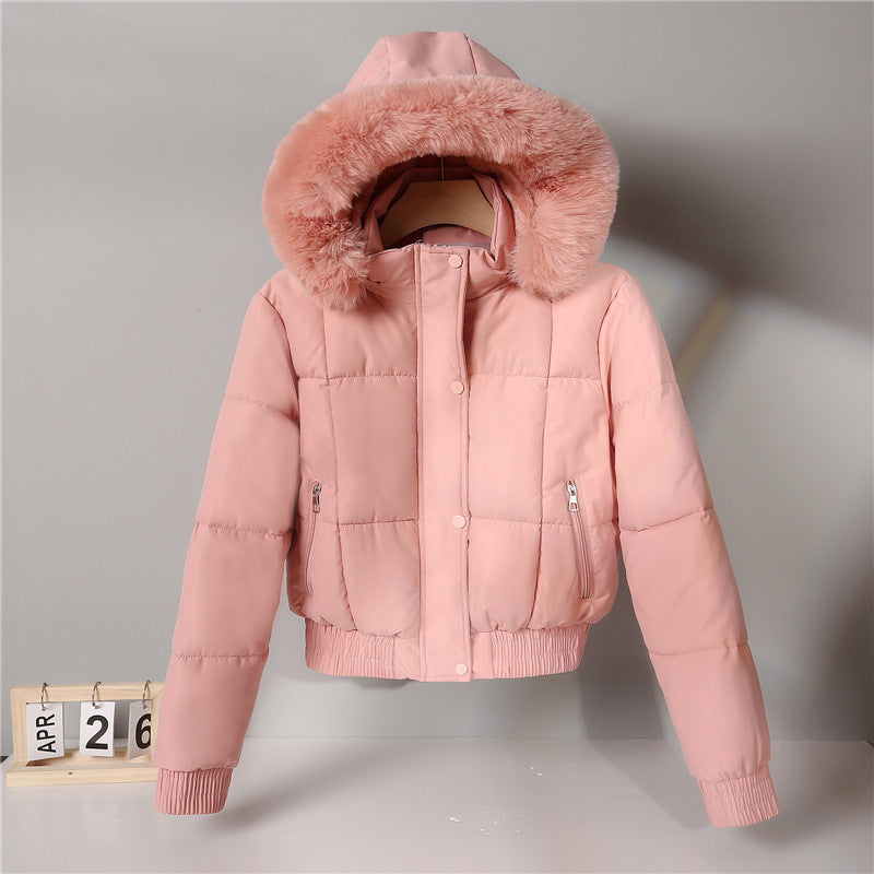 Ladies nan padded short jacket in blouson style with hood and cosy faux fur trim