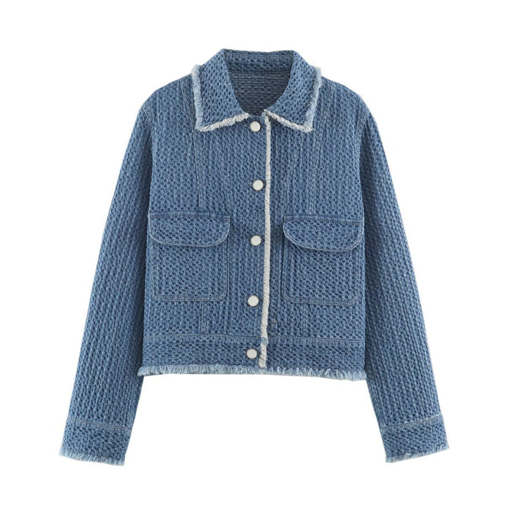 Ladies Cropped Boxy Denim Jacket with Waffle Texture, Patch Pockets and Fringe Trim