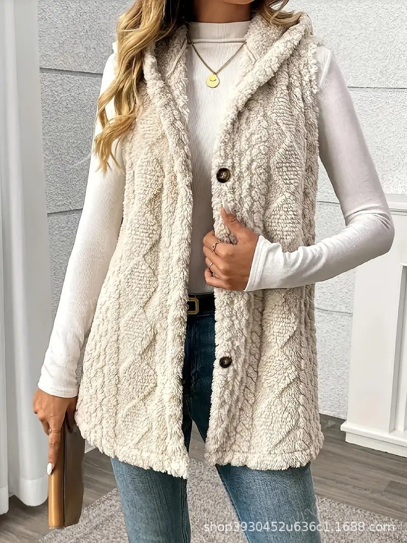 Women Fleece Lined Teddy Vest with Hood and Button Closure