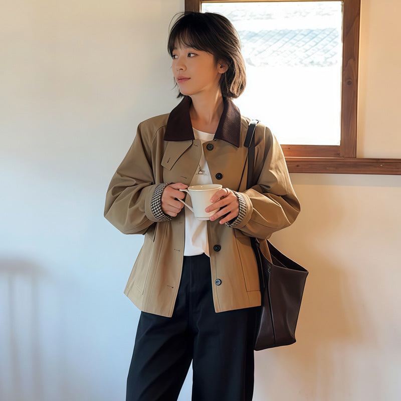 Women Boxy Transitional Jacket with Cord Collar and Large Flap Pockets