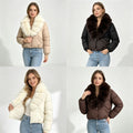 Women's cropped padded jacket with extra voluminous faux fur shawl collar and elastic cuffs