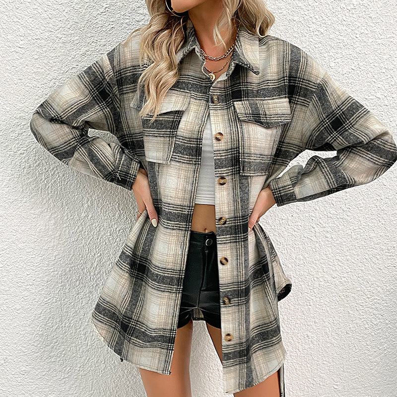Women Checked Longline Shirt Coat with Button Placket and Waist Belt