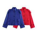 Women's Short Cargo Jacket with Stand Collar, Shoulder Flaps and Button Placket