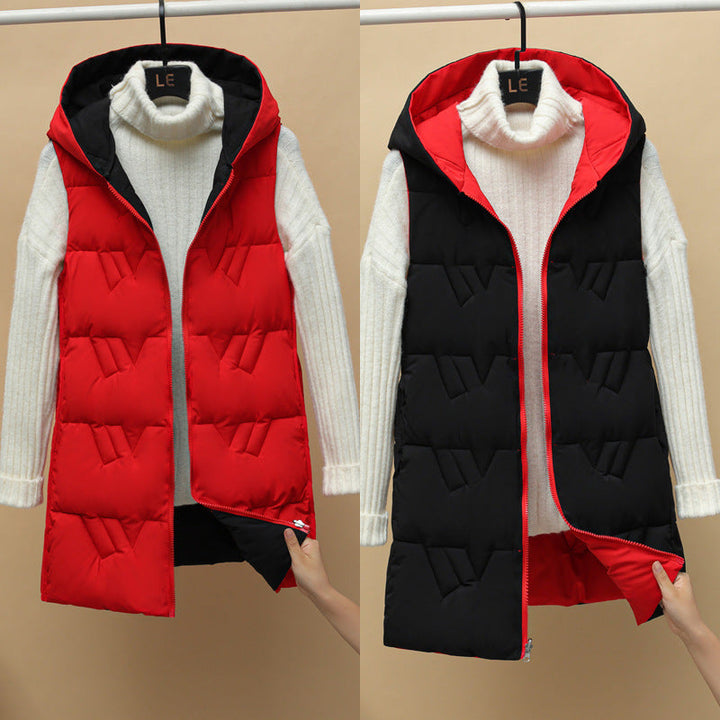 Women’s quilted long padded hooded vest with zip