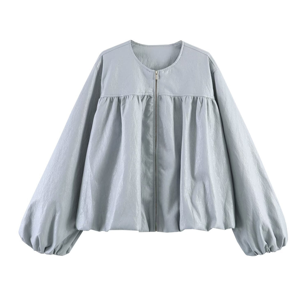 Women Oversize Faux Leather Jacket with Round Neck, Gathered Yoke and Balloon Sleeves