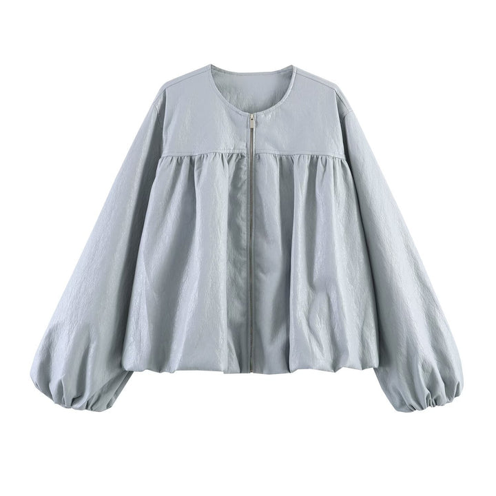 Women Oversize Faux Leather Jacket with Round Neck, Gathered Yoke and Balloon Sleeves