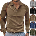 Men's heavy ribbed cotton polo sweater with Kent collar, triple button placket, and suede elbow patches