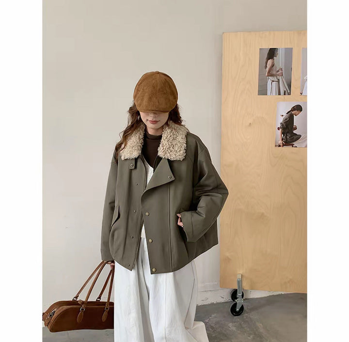 Ladies Short Oversize Boxy Jacket with Teddy Collar and Snap Button Closure