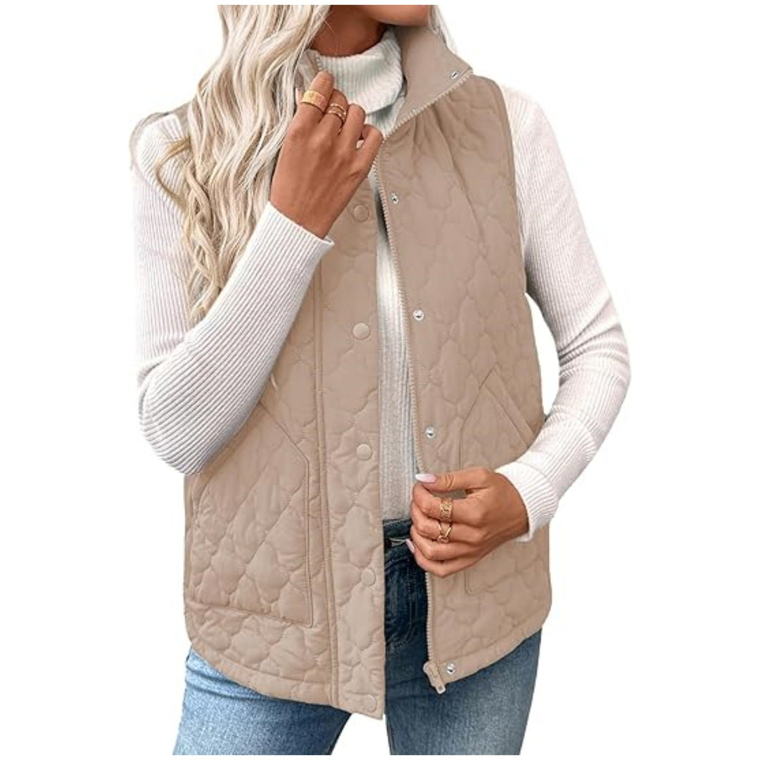 Women’s quilted vest with high standing collar, double closure and curved hem