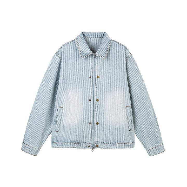 Unisex Striped Oversized Denim Jacket in Worker Style with Stand-Up Collar and Two-Way Zip