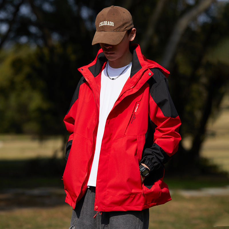 Women two-layer water-repellent outdoor jacket with hood, waist adjustment and contrast piping