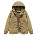 Men's hooded field jacket with teddy lining, concealed zip, and drawstring hood
