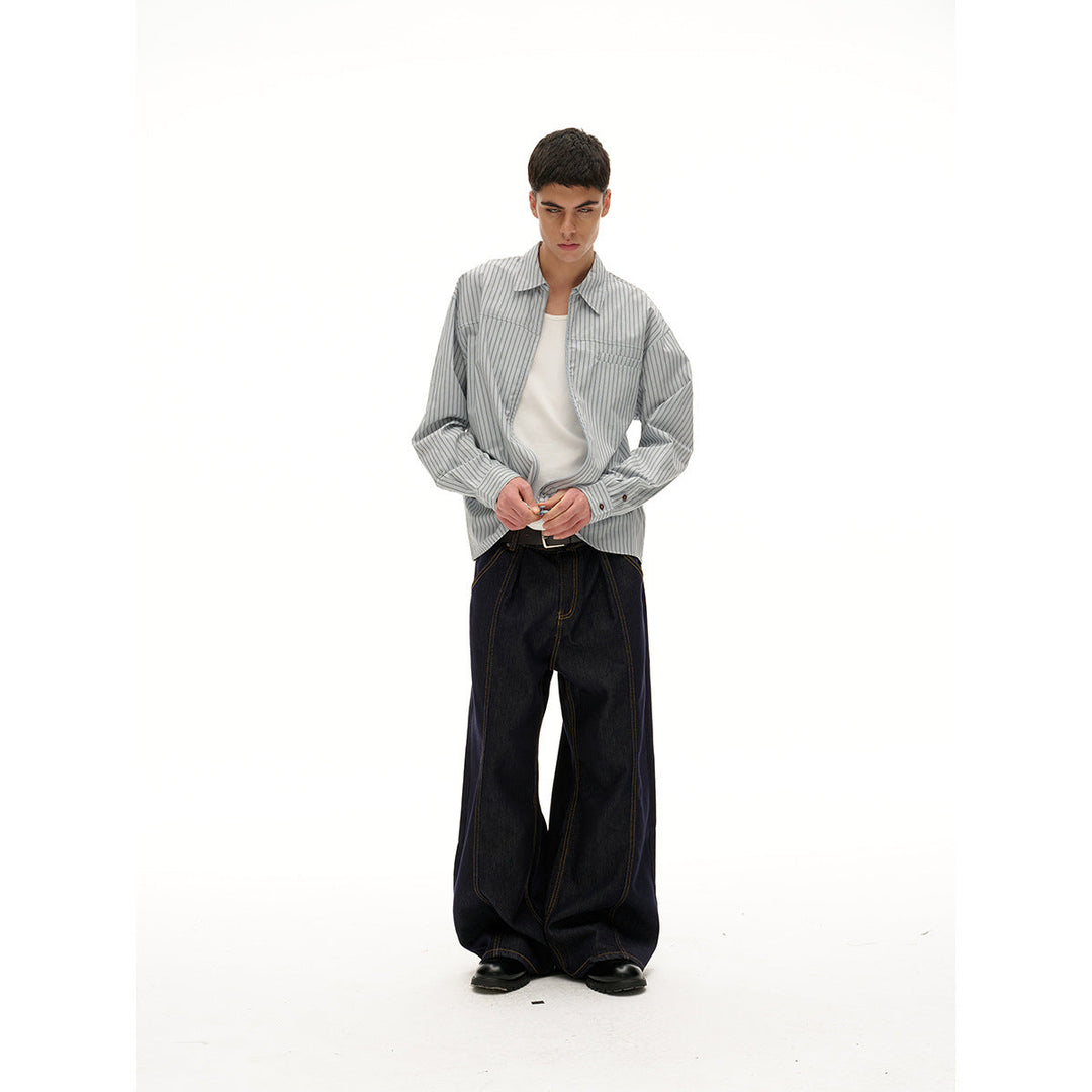 Unisex Lightweight Striped Shirt Jacket with Continuous Zip and Chest Piped Pocket