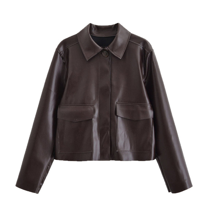 Women Short Boxy Leather-Look Jacket with Flap Pockets and Shirt Collar