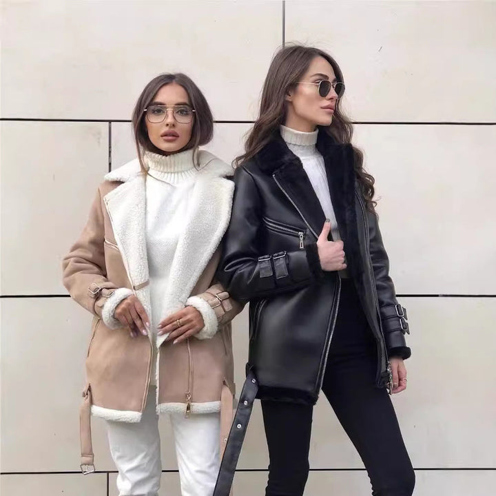 Women Oversized Faux Leather Pilot Jacket with Teddy Fur Lining and Buckles