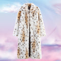 Women's Long Oversized Faux Fur Coat with Spotted Wildcat Print and Stand Collar