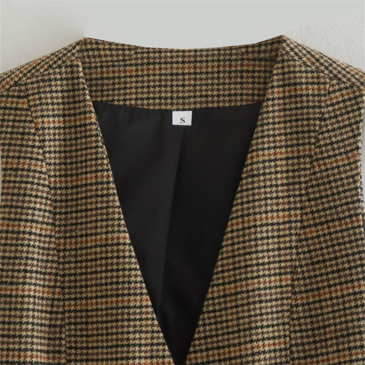 Women Tailored Houndstooth Vest with V-Neck, Button-Free Closure and Welt Pockets