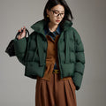Women Short Cut Boxy Quilted Jacket with Voluminous Hood and Drawstring