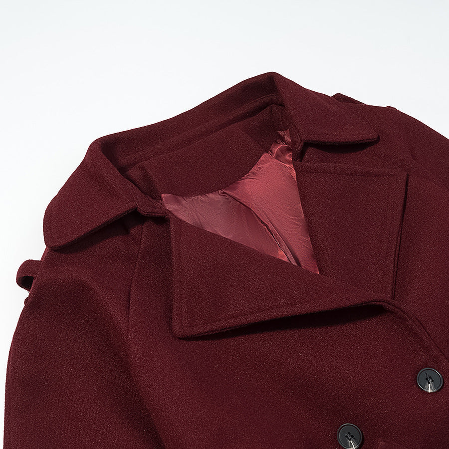 Women Maxilength Wool Blend Trench Coat with Shoulder Yoke, Tie Belt and Roll-Up Sleeves