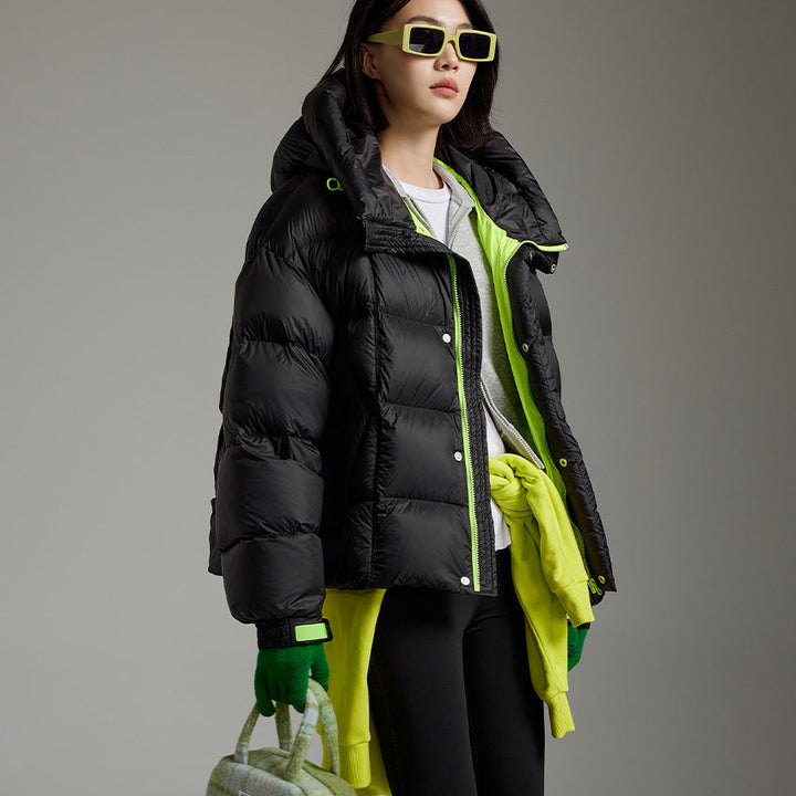 Ladies Short Boxy Quilted Jacket with Oversized Sleeves, High Thermal Collar and Hood