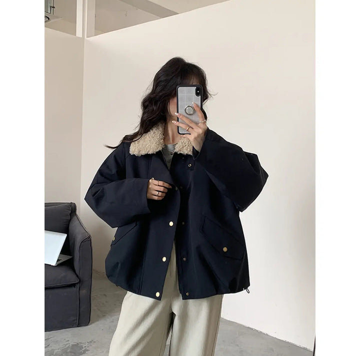 Ladies Short Oversize Boxy Jacket with Teddy Collar and Snap Button Closure