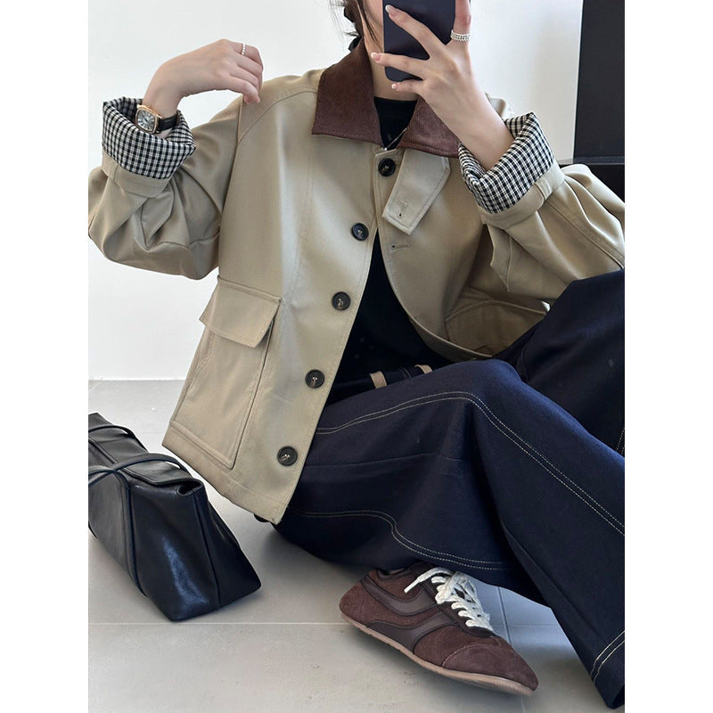Women Boxy Transitional Jacket with Cord Collar and Large Flap Pockets