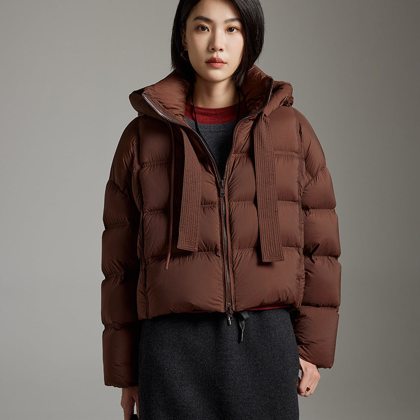 Women Short Cut Boxy Quilted Jacket with Voluminous Hood and Drawstring