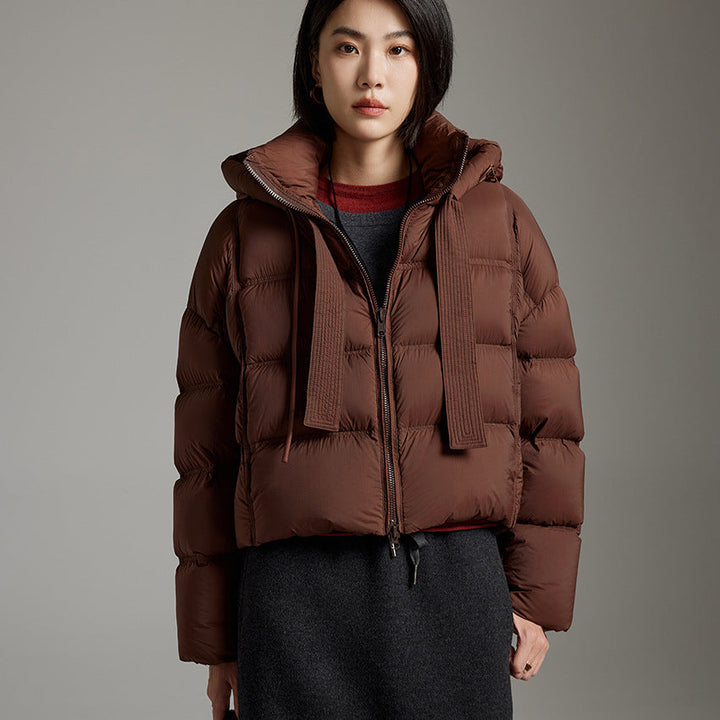 Women Short Cut Boxy Quilted Jacket with Voluminous Hood and Drawstring