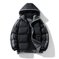 Men's sporty quilted hooded jacket with two-way zip, drawstring, and reflective shoulder stripes