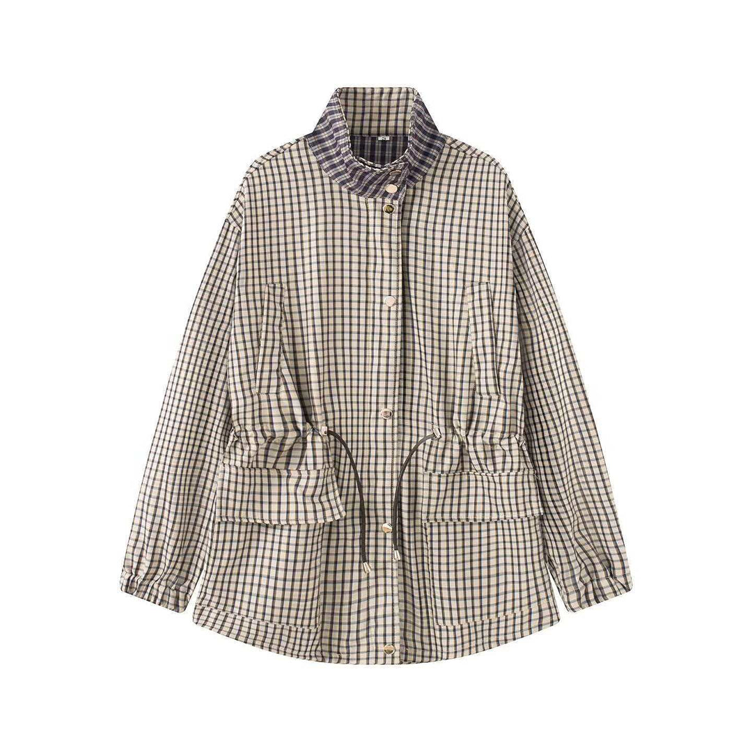 Women Checked Oversize Parka Jacket with Drawstring and Stand-up Collar