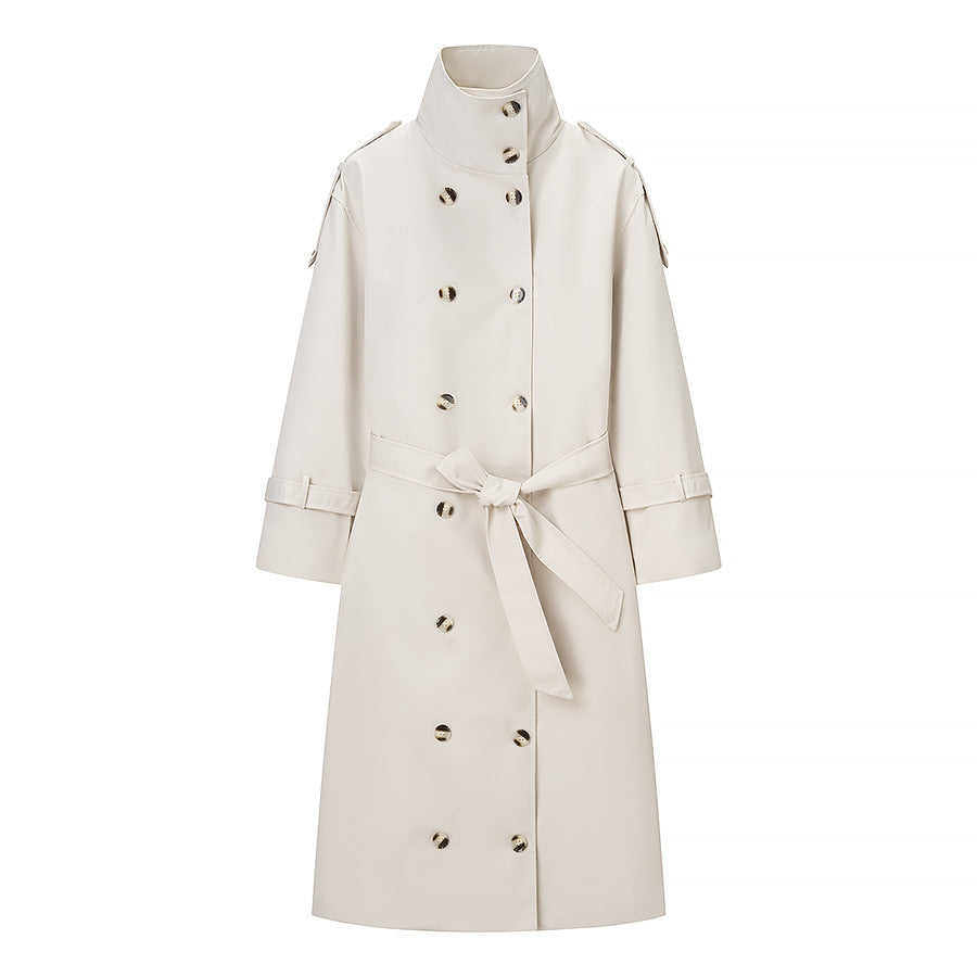 Women Longer double-breasted trench coat with high stand-up collar and waist belt