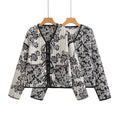 Women's Quilted Short Jacket with Floral Allover Print and Tie Ribbons