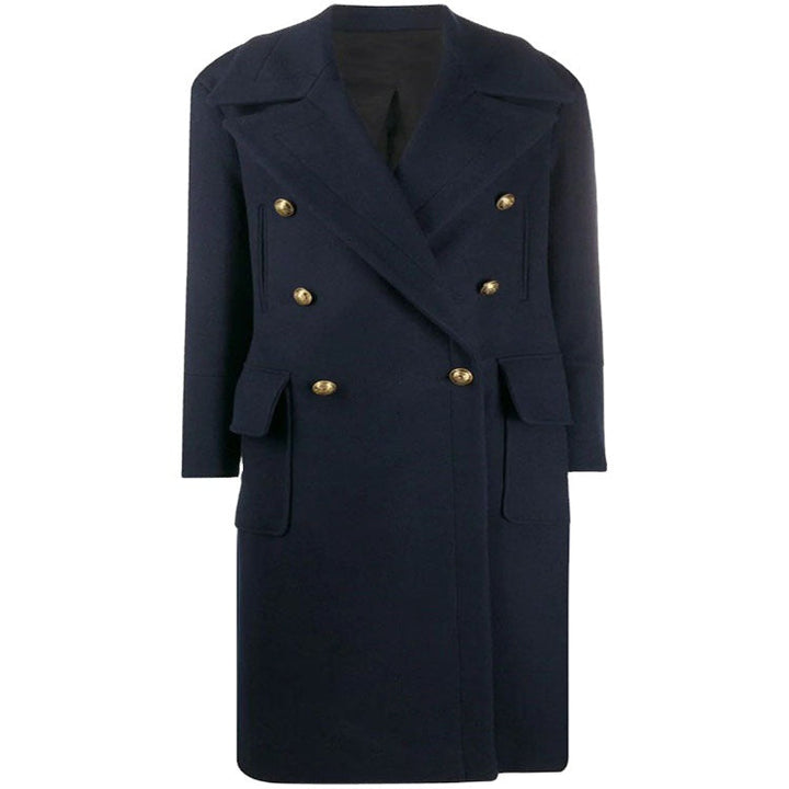 Women’s navy-inspired double-breasted long coat made of wool blend with oversized lapels