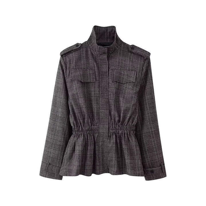Women Tailored Transitional Jacket with Drawstring Waist and Stand-Up Collar
