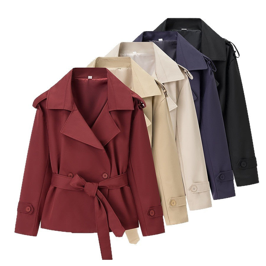 Women Tailored Short Trench Coat with Tie Belt and Epaulettes