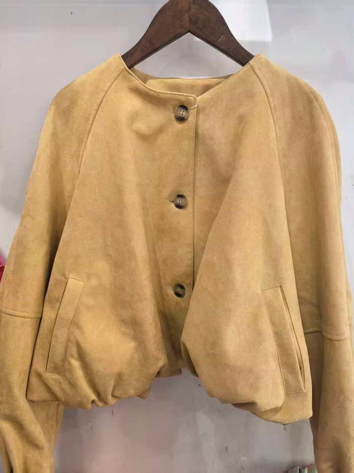 Women Short Blouson Jacket in Cropped Look with Round Neckline and Balloon Sleeves