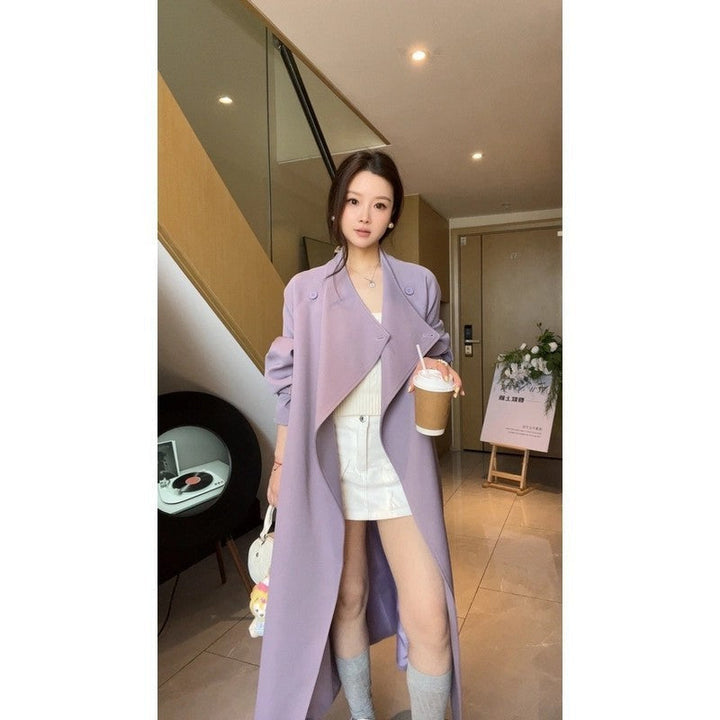 Women’s Maxi Trench Coat with Waterfall Collar and Gathered Sleeves