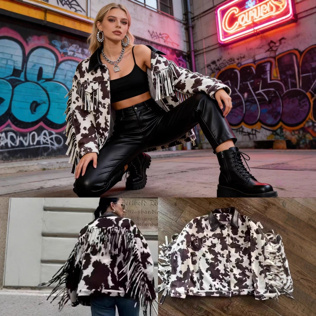 Women’s teddy trucker jacket with cow spot pattern and faux leather collar