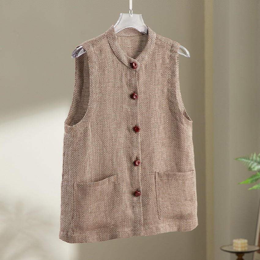 Women Sleeveless Textured Knit Vest with Round Neckline, Button Placket and Patch Pockets