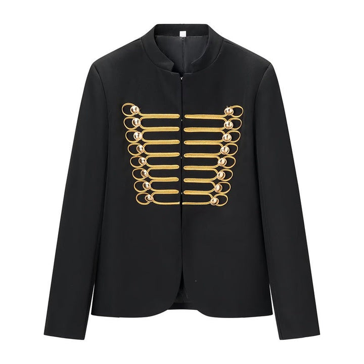 Women Military-Inspired Short Jacket with Stand-Up Collar and Golden Decorative Braid