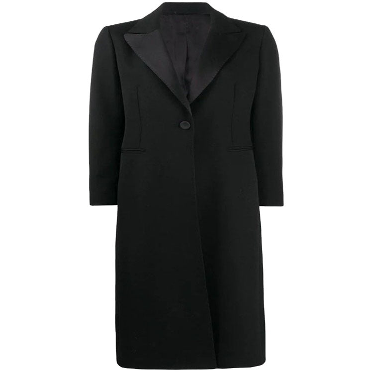 Women Elegant Single-Breasted Long Coat in Tuxedo Style with Narrow Lapels and Satin Trim