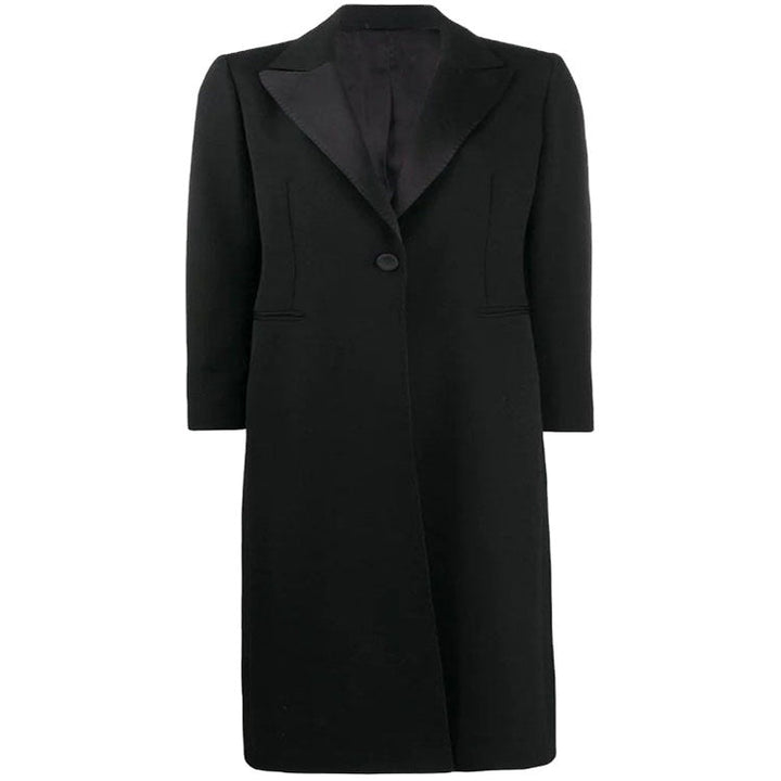 Women Elegant Single-Breasted Long Coat in Tuxedo Style with Narrow Lapels and Satin Trim