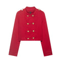 Women Cropped Military Jacket in Sailor Style with Golden Decorative Straps and Stand-Up Collar