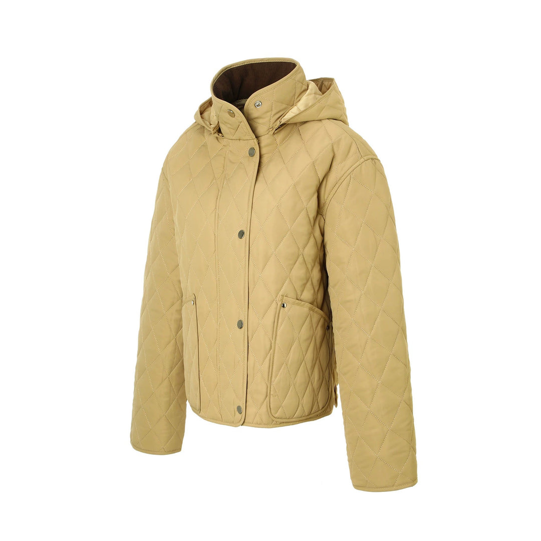 Women’s quilted jacket with hood, quilted diamond structure and flap pockets