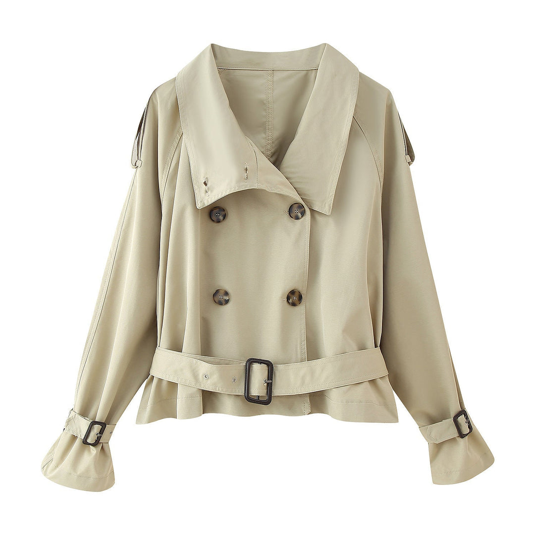 Ladies short cut double-breasted trench coat with wide shawl collar, tailored belt and adjustable sleeve straps