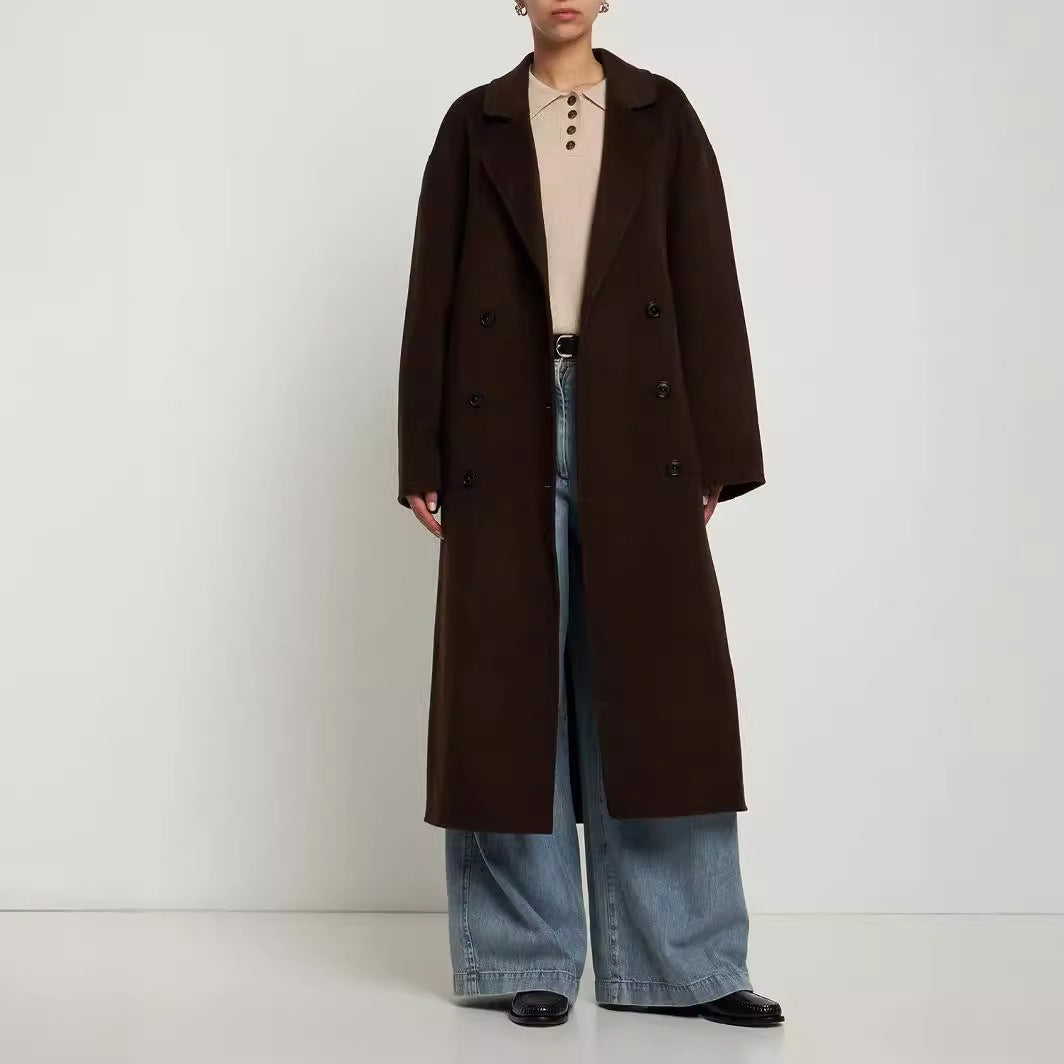 Women Oversize Double-breasted Long Coat with Dropped Shoulder Silhouette and Gold Decorative Buttons